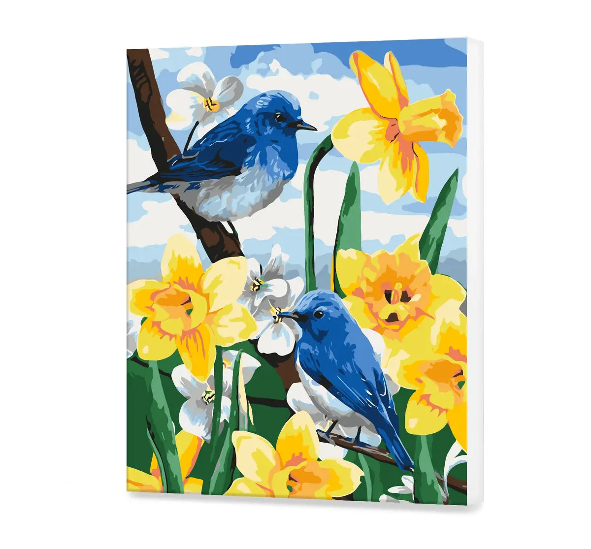 Mėlyni paukščiai ant gėlių